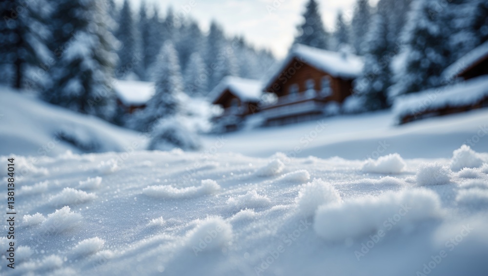 Poster board cover of snow with frost and a blurred mountain landscape. mockup background providing empty s