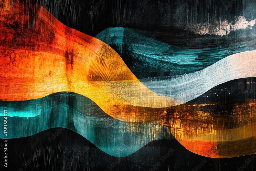 Leinwandbilder Multicolored layers wave gracefully over abstract shapes in a vibrant digital composition, multi coloured layers waving over abstract shapes on black background