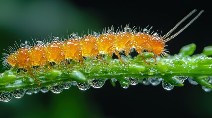 Naklejka premium Orange caterpillar on dewy plant stem