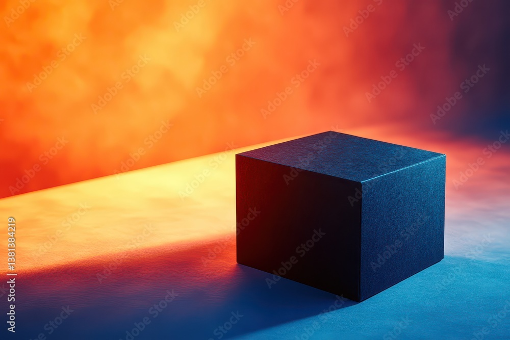 Poster a minimalist black cube positioned on a gradient background of warm colors, creating a dramatic effe