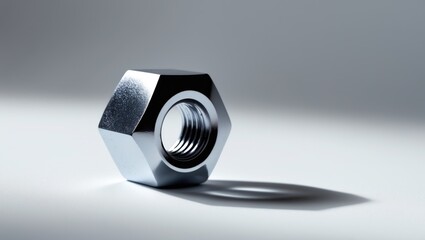 Macro view of metal nut on a white background. Chromed screw nut displayed alone. Steel nut shown in isolation. Nuts and bolts.