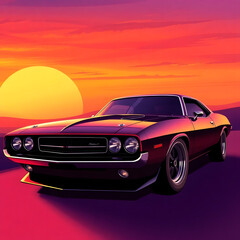 Obraz premium Abstract futuristic sci-fi style illustration, smooth gradient transition, sleek muscle car with glossy finish against a sunset art illustration design