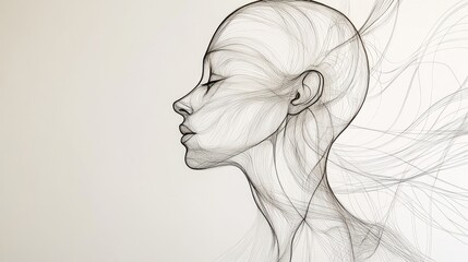Fototapeta premium Serene woman's profile, ethereal lines, neutral background