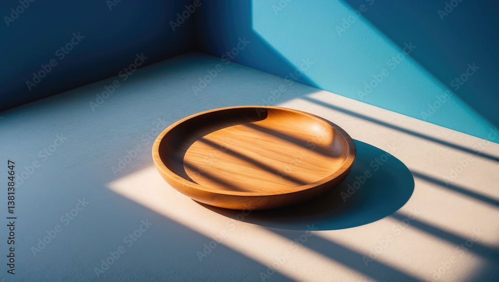 Poster Cylinder shape wooden podium, stand with deep shadow in the background. Product backdrop. Front view. Mockup.