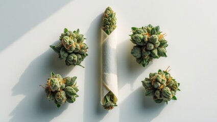 Marijuana joint or cigarette and buds separated on a white background.