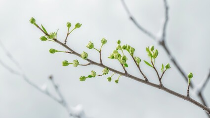 Macro shot of a tree twig featuring buds ready to open leaves, isolated against a background.