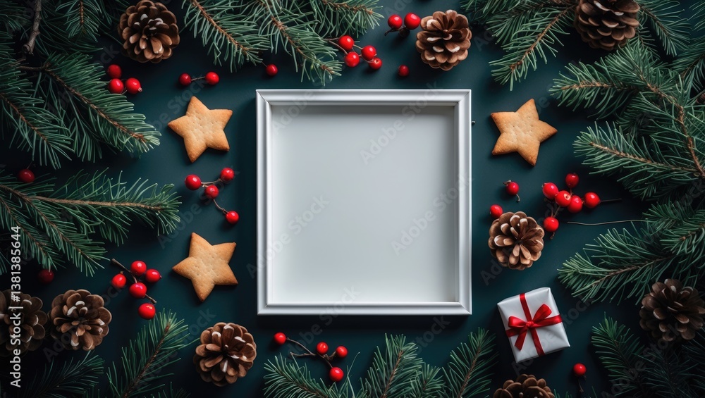 Poster creative arrangement of tree branches and decorations featuring space for text. aerial view. holiday