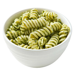 freshly made pesto pasta in ceramic bowl

