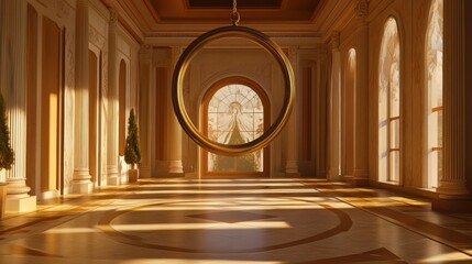 Obraz premium Golden ring hangs in sunlit palace hallway