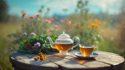 Fototapeta premium Cup of tea and teapot on a table with a natural setting in the background.