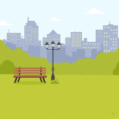 Naklejka premium Urban park with bench and lamppost overlooking city skyline on a clear day