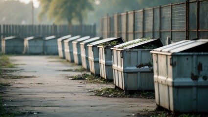 Metal containers remain empty and unused in a recycling area, highlighting a serene moment in an urban landscape.