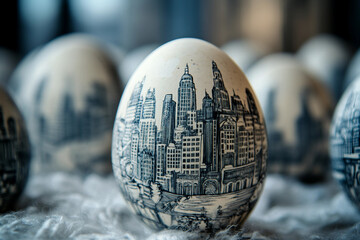 Intricately Painted Easter Egg Featuring Cathedral and Church Patterns for Paschal Celebration, Generative AI