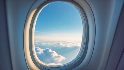 Looking out of a large jet passenger plane window, above the clouds.