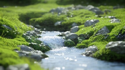 Fototapeta premium Mountain Creeklet, Fresh Grassy Bank
