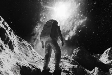 Obraz premium Realistic depiction of an astronaut exploring the lunar surface during a cosmic journey, Highly realistic of an astronaut walking on the moon