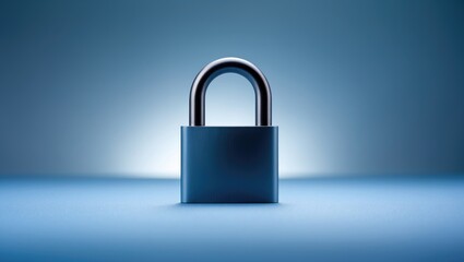 Fototapeta premium Metal padlock with a frosted surface, symbolizing security, placed on a blue background.