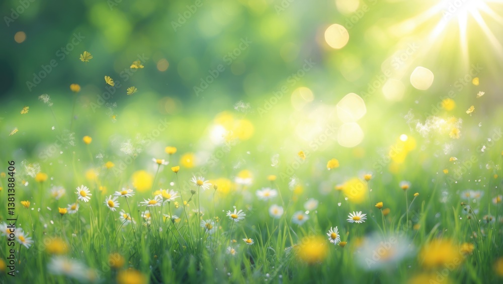 Aufkleber Daisy in a sunny green spring meadow. Blurred luminous background featuring light bokeh and shallow depth of field. Horizontal close-up with space available for text.