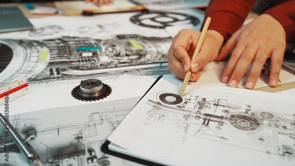 Poster a workspace featuring detailed technical drawings of machinery, with hands holding a pencil over a n