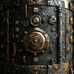 Ornate, metallic cylinder with intricate steampunk design.  Detailed with various brass and bronze components, suggesting a complex mechanism or ancient technology.