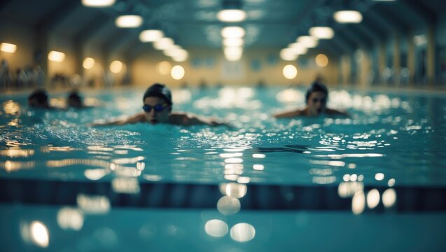 Blurred background of an indoor space during a competitive meet, featuring athletes getting ready for diving events. The atmosphere is lively and concentrates on performance.