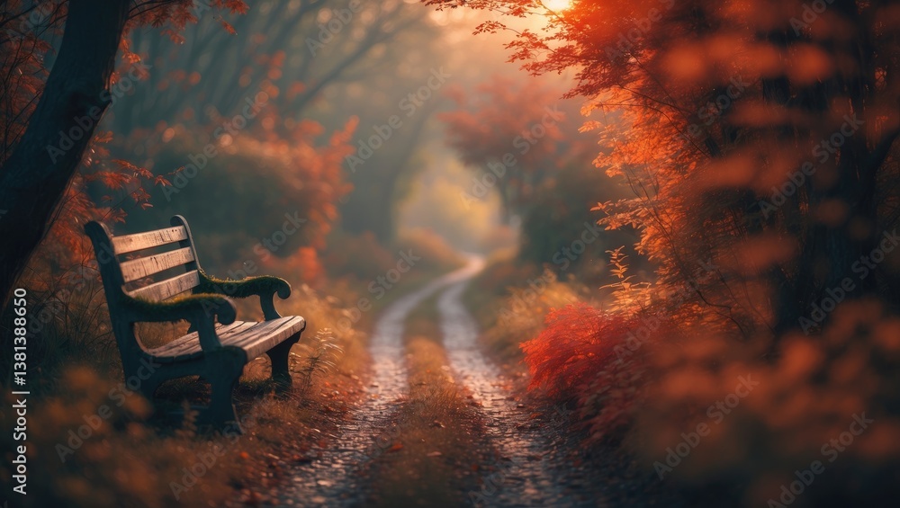 Aufkleber blurred backdrop of a serene scene showcasing a forest path decorated with vibrant leaves, encouragi