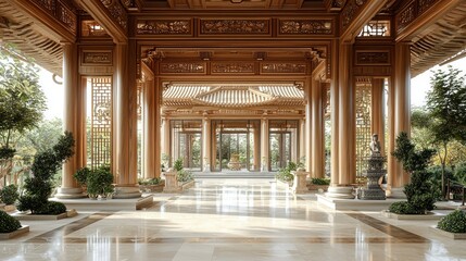 Naklejka premium Serene Asian Temple Pavilion: Tranquil Wooden Architecture