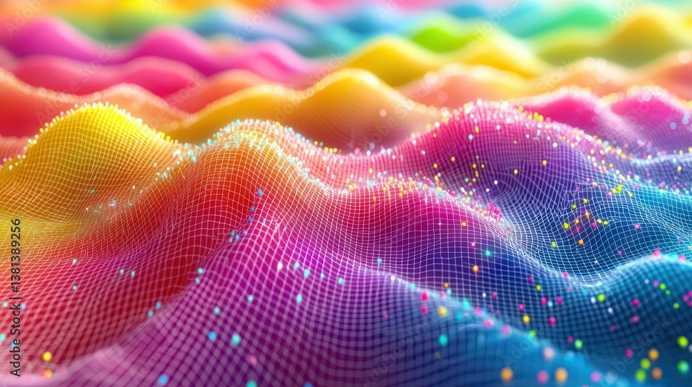 Poster rainbow digital landscape: a vibrant, colorful 3d render of a wave-like digital terrain with a grid 