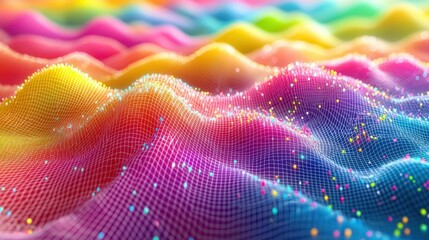 Rainbow Digital Landscape: A vibrant, colorful 3D render of a wave-like digital terrain with a grid overlay and colorful particles.