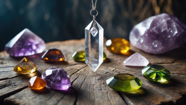 Crystal Pendulum accompanied by healing gemstones on a wooden table, spirituality and esoteric theme.
