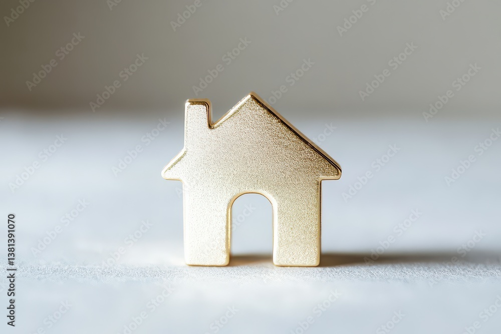 Poster a shiny golden house-shaped object on a smooth surface with a blurred background
