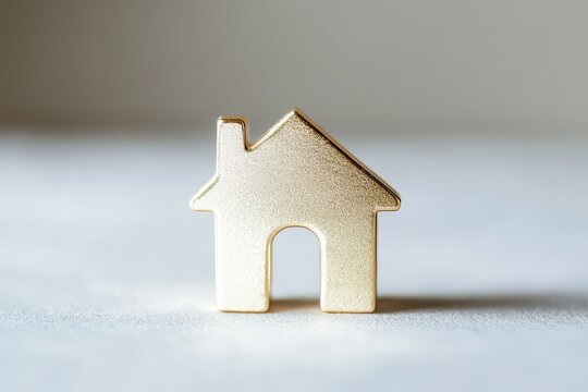 A shiny golden house-shaped object on a smooth surface with a blurred background