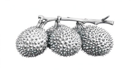 Pencil sketch of three durians on branch, isolated