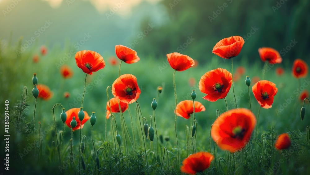 Poster a vibrant field filled with red poppies extends infinitely, their brilliant petals swaying in the su