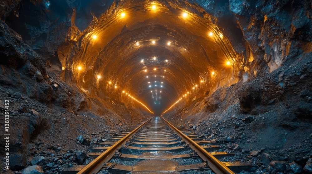 Poster rail tracks lead into a brightly lit underground tunnel, highlighting the mining and excavation acti