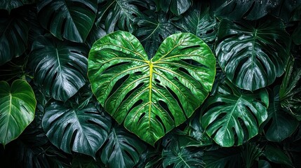Heart-Shaped Monstera Leaf Surrounded by Lush Tropical Foliage