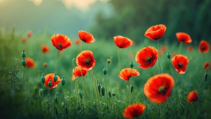 Fototapeta premium A vibrant field filled with red poppies extends infinitely, their brilliant petals swaying in the sunlight, forming a stunning, picturesque display of natural beauty and tranquility.