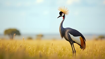 Fototapeta premium grey crowned crane standing in a meadow in the savannah of africa