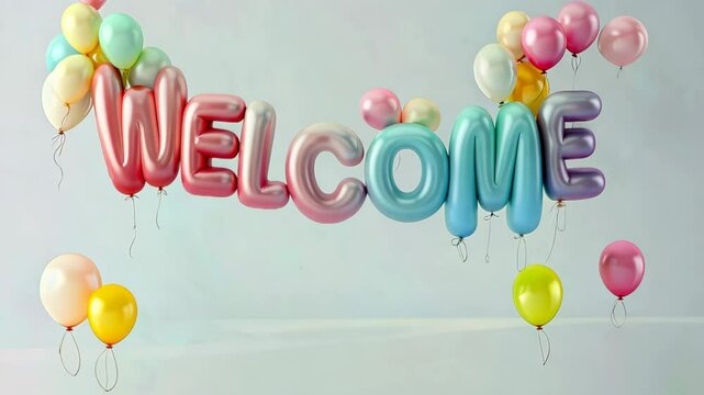 Colorful balloon letters forming "welcome" float gently against a soft blue background in an inviting, cheerful scene perfect for celebrations and greeting card themes