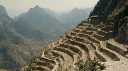 Mountainside rice terraces, Vietnam, agriculture, hazy landscape, travel
