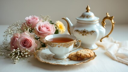 Fototapeta premium Cookie and tea accompanied by a blank space for text.