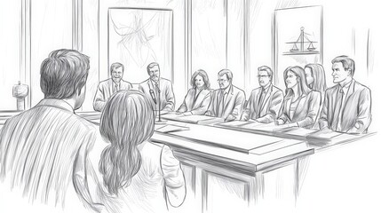 Depiction of a Courtroom Trial with a Diverse Group of Attorneys and Jurors Engaged in Legal Proceedings in a Dramatic Sketch Style Illustration