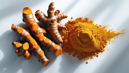 Naklejka premium Creative arrangement featuring turmeric. Flat lay. Food concept.