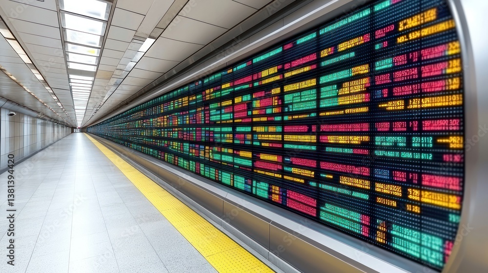 Poster futuristic subway station with colorful data display