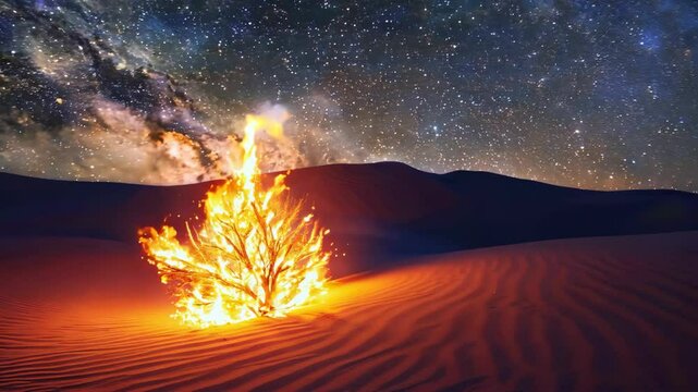 Desert night sky illuminated by vibrant burning bush and stunning milky way in ethereal progression