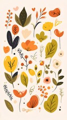 Decorative Floral Pattern with Orange and Yellow Leaves on Beige Background for Autumnal Themes