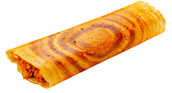 Close up view of a golden brown dosa roll filled with savory ingredients against a black background