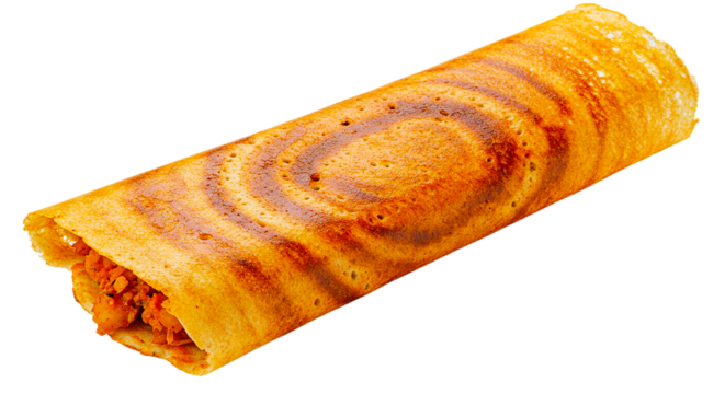 Close up view of a golden brown dosa roll filled with savory ingredients against a black background