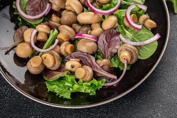 Mushroom salad green lettuce canned champignon mushrooms fresh gourmet food background on the table...