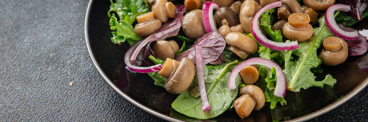 Mushroom salad green lettuce canned champignon mushrooms fresh gourmet food background on the table rustic food top view copy space